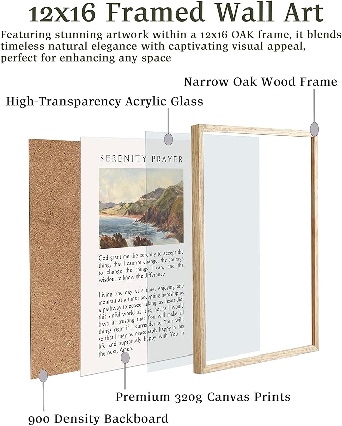 EcoHest OAK Wood Jesus Framed Wall Art, 12x16in Serenity Prayer Bible Verse Christian Wall Art, Modern Bedroom Religious Decor For Living Room Bathroom Christian Merch Gift 1Pack