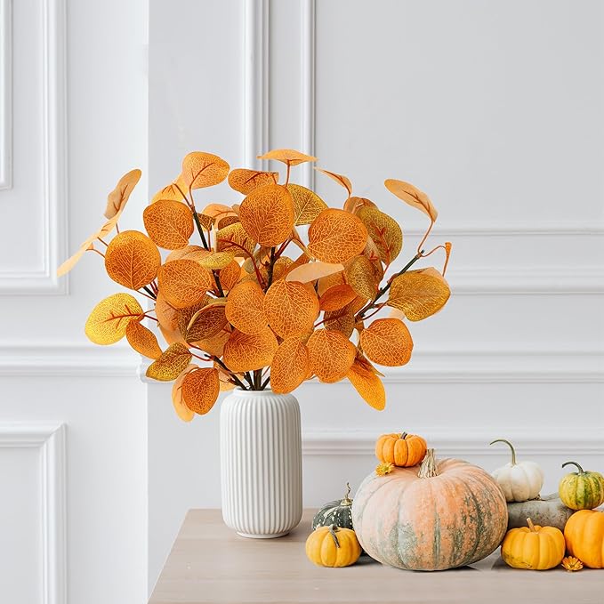 Sggcecsy 6 Pcs Fall Eucalyptus Leaves in Glass Vase 14" Artificial Autumn Stems Silver Dollar Leaves Fake Silk Branches with Vase for Indoor Home Autumn Festival Thanksgiving Decor