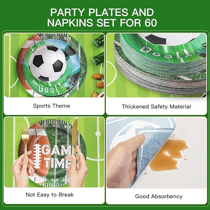 180Pcs Sports Party Supplies Paper Plates and Napkins Serve 60 Disposable Tableware Set for Birthday Party Decorations Game Day Family School Holiday Sports Events