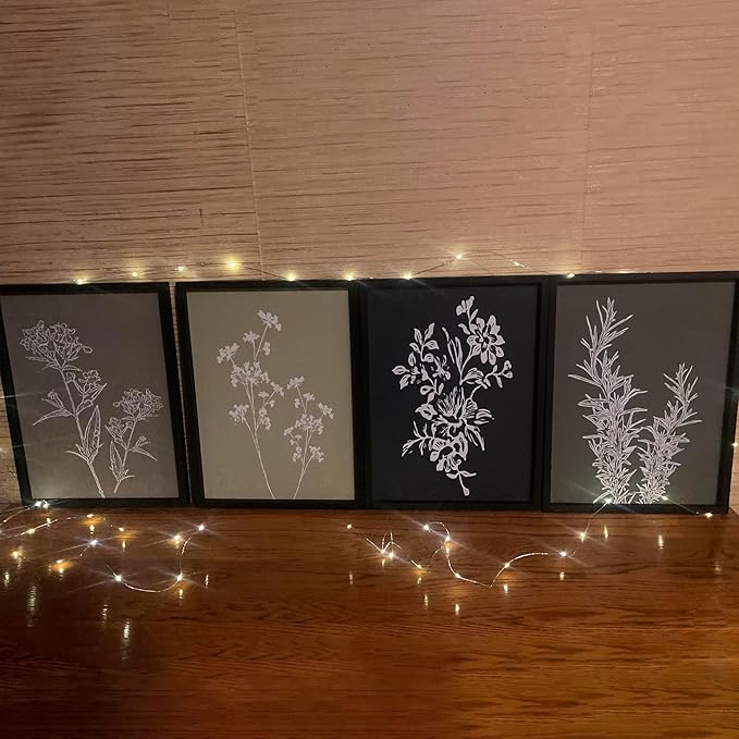 Heiple Framed Wall Art Set of 4 for Boho Home decor Botanical Print Wall Art for Rustic Vintage Farmhouse Wall Decor for Living Room (Black, 8"x10")