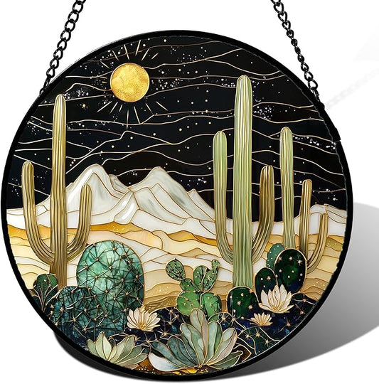 Stained Glass Window Hanging, Black and White Golden Cactus Nature Suncatcher for Doors Window Home Starry Sky Sun Catchers Decor Mother's Day Birthday Gifts for Women, Men Mom 15 in