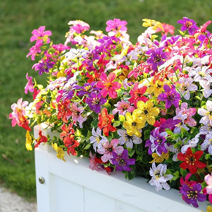 SHareconn Artificial Flowers for Outdoors Spring Decoration, Fake Silk Realistic Faux Plants UV Resistant for Outdoor Planter Porch Patio Summer Outside Decor, 20 Bundles,RedRosyPurpleYellowPinkWhite