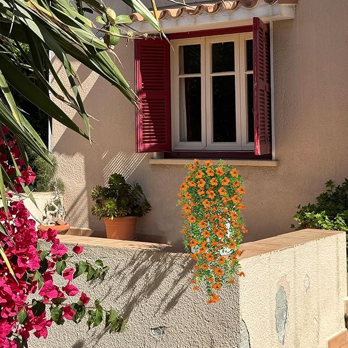 4 Pcs Fall Artificial Hanging Flowers for Outdoors,Fake Hanging Plants,Artificial Mums for Outdoors,Fall Decorations for Home,Outdoor Fall Decor(Orange)