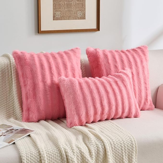 FUTEI Blush Pink Decorative Throw Pillow Covers 26x26 Inch Set of 2,Soft Fluffy Faux Mink Fur Dyeing Striped Textured Euro Pillow Shams,Modern Home Decor for Couch Bed Living Room