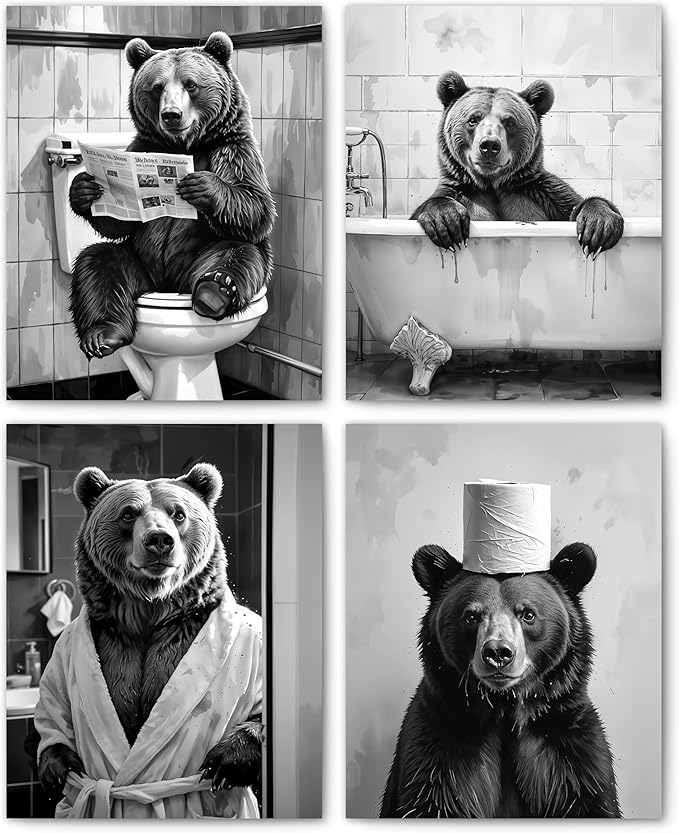 FITIE Funny Black Bear Bathroom Wall Art Posters Set of 4, Bear Bathroom Decor, Humorous Wild Animal Bathing Toilet Canvas Prints Artwork Wall Decor for Bath Room Washroom, 8x10 Unframed