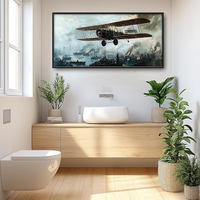 Flintis Large old Biplane Framed Wall Art Vintage Aircraft Pictures Wall Decor Abstract Airplane Poster Canvas Painting Print Artworks Framed for Living Room Bathroom Master Bedroom 60L X 30W