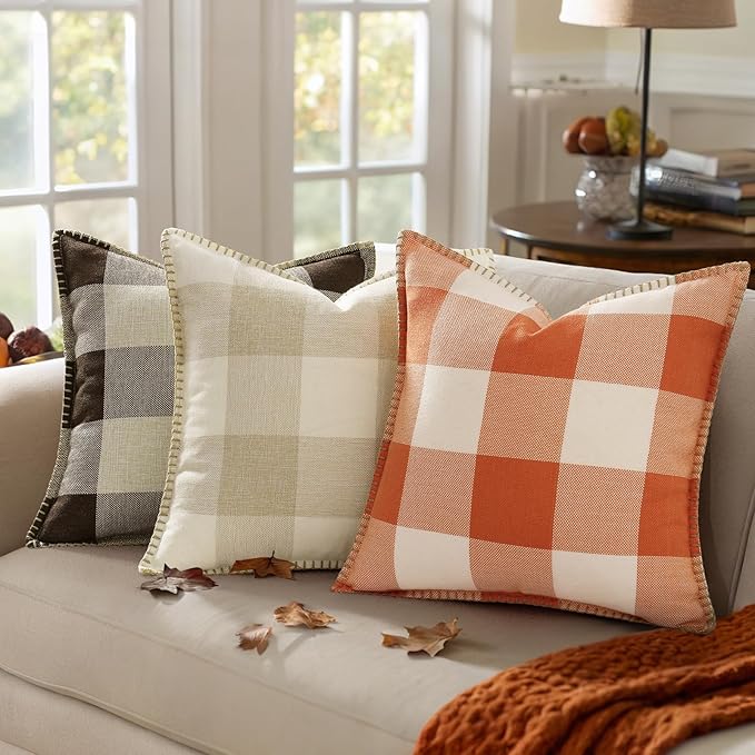 decorUhome Christmas Buffalo Plaid Check Throw Pillow Covers 18x18 Set of 2, Outdoor Linen Decorative Farmhouse Gingham Pillow Covers with Stitched Edge for Bed Couch Sofa, Cream White and Beige