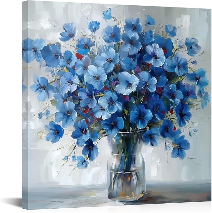 AoArtWZ Flower Canvas Wall Art White and Blue Flowers Pictures Artwork Abstract Floral Rustic Farmhouse Painting Prints for Home Decoration Framed 24" x 24"