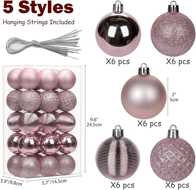 30PCS 2" Christmas Ball Ornaments Shatterproof Pink Christmas Tree Decorations Xmas Tree Balls Halloween Ornaments Décor