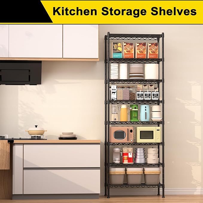 GIOTORENT 8-Wire Garage Shelving Storage Shelves, Kitchen Storage Adjustable Shelf, Metal Shelves 1600Lbs Capacity 24" Lx14 Wx72.2 H for Laundry Bathroom Pantry Closet, Black