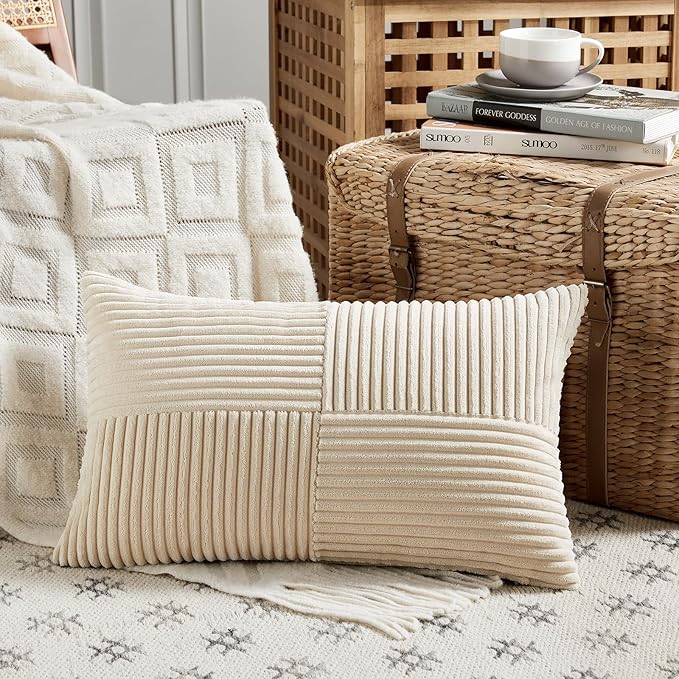 Fancy Homi 4 Packs Tan Lumbar Decorative Throw Pillow Covers 12x20 Inch for Living Room Couch Bed Sofa, Boho Home Decor, Soft Striped Corduroy Rectangle Accent Beige Cushion Case 30x50 cm