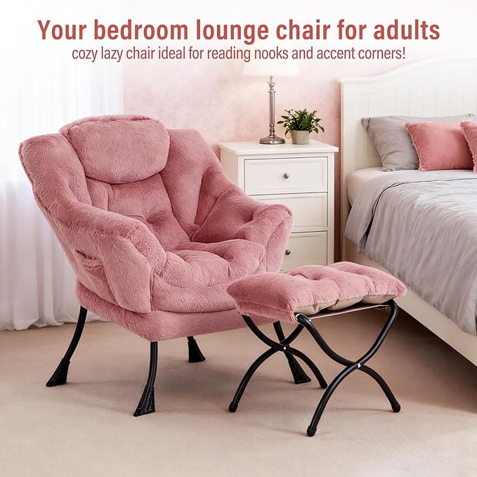 Lazy Chair with Ottoman, Modern Chair with Folding Footrest, Lounge Accent Chair, Comfortable Reading Chair (Plush Dark Pink)