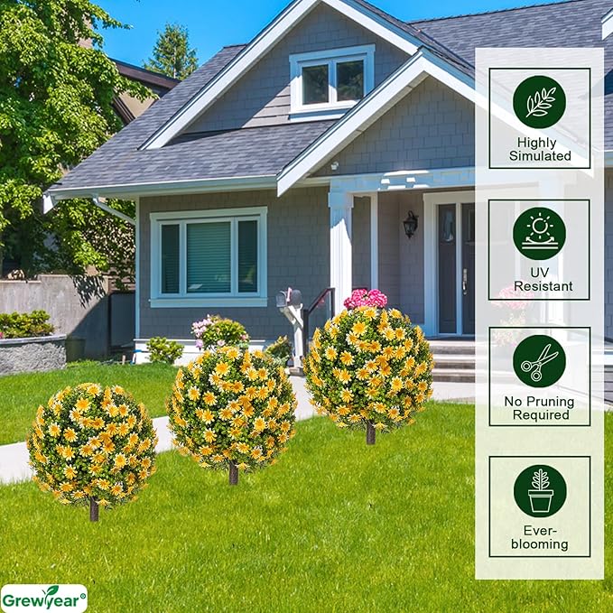 Fall Artificial Mum Topiary Ball with Spike Set of 2, Faux Boxwoods for Outdoor Planters, UV Resistant Artificial Outdoor Plants for Porch, Fake Bushes Round Shrub with Orange Yellow Mum