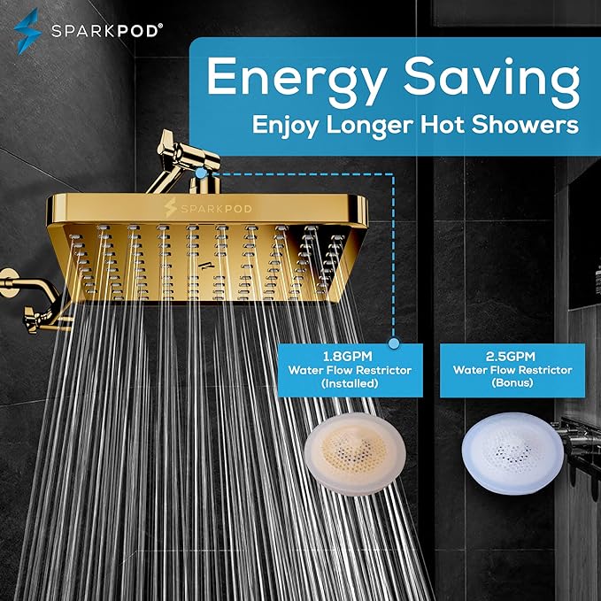SparkPod Shower Head - High Pressure Rain - Premium Quality Luxury Design - 1-Min Install - Easy Clean Adjustable Replacement for Your Bathroom Shower Heads (Egyptian Gold, 8 Inch Square)