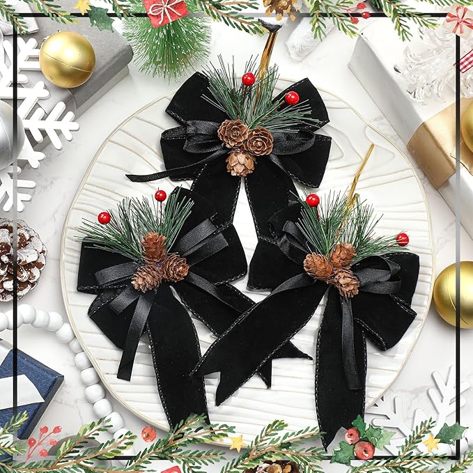 Syhood 6 Pcs Christmas Bows with Pine Cones Pine Needles Black Xmas Velvet Bows Elegant Ribbon Christmas Tree Wreath Decoration for Xmas Parties Indoor Outdoor Crafts DIY Decor