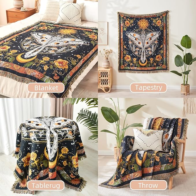 Boho Throw Blanket Reversible Cotton Bohemian Tapestry Hippie Room Decor Outdoor Blanket Double Sided (Black Butterfly 50"x60")