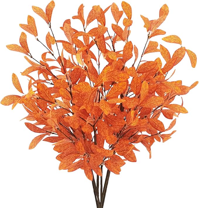 Uieke 6 Pcs Artificial Fall Eucalyptus Stems Fall Eucalyptus Leaves Plants Fall Decorations with Fall Leaves for Autumn Office Home Wedding Centerpiece Fall Florals Arrangement Decor (Orange)