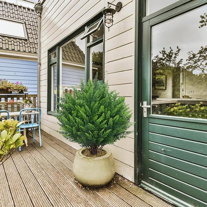 21" Artificial Cedar Topiary Ball Trees with Ground Spike Set of 2 - UV Resistant Faux Shrubs & Bushes Potted Plants for Outdoor Indoor Front Porch Garden