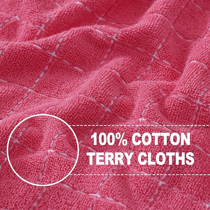 Homaxy 100% Cotton Terry Kitchen Towels(Rose Red, 13 x 28 inches), Checkered Designed, Soft and Super Absorbent Dish Towels, 6 Pack