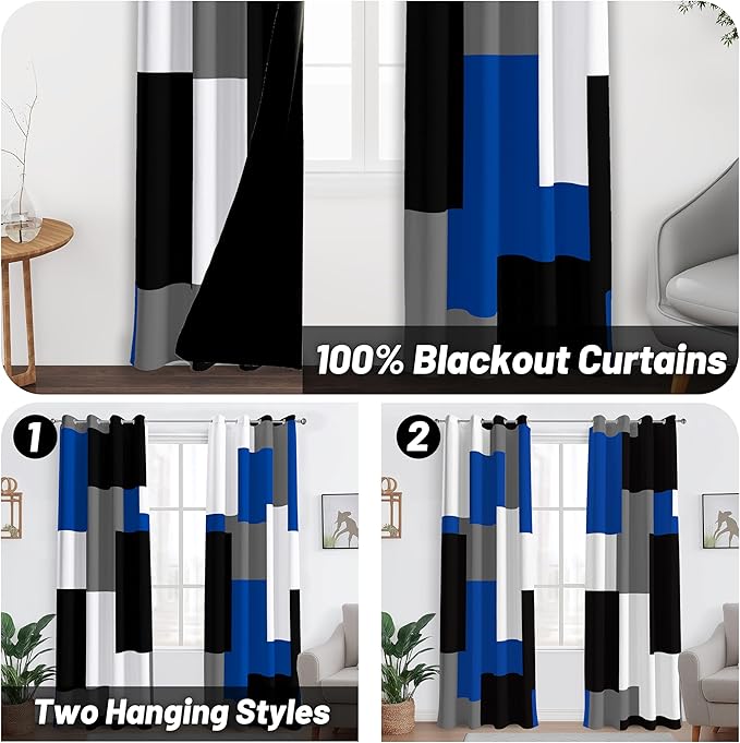 Royal Blue 100% Blackout Curtains for Bedroom 72 inch Length 2 Panels Set White Grey Modern Abstract Geometric Black Out Curtains Insulated Room Darkening Window Drapes for Living Room, 52Wx72L