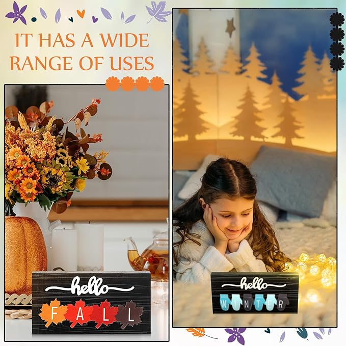 Roowest 5 Pcs Hello Fall Sign Interchangeable Seasonal Sign Spring Summer Winter Tiered Tray Decor 5.9 x 3 Inch Wooden 4 Seasons Farmhouse Table Centerpiece Decoration for Home Shelf Office(Basic)