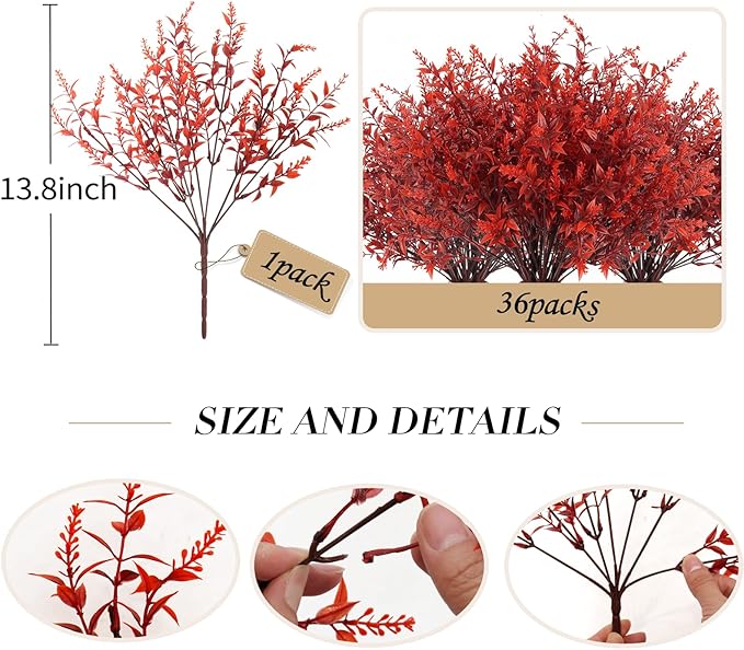 RECUTMS Artificial Fall Flowers Bulk Fall Lavender Fake Plants Artificial Greenery Faux Plants Outdoor Deals 36 Bundles Faux Autumn Plant Fake Shrubs for Indoor Bookshelf Yard Decorations (Wine Red)