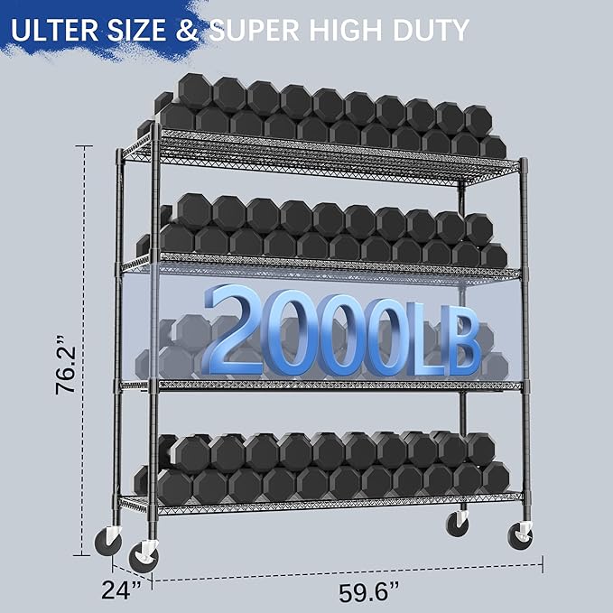 Heavy Duty Shelving, 76.2" H Garage Shelving Unit with Wheels, 4-Tier Garage Storage Shelves Metal Shelves Rack, Adjustable Industrial Shelving for Warehouse Storage, 60" W x 24" D x 76.2" H, Black