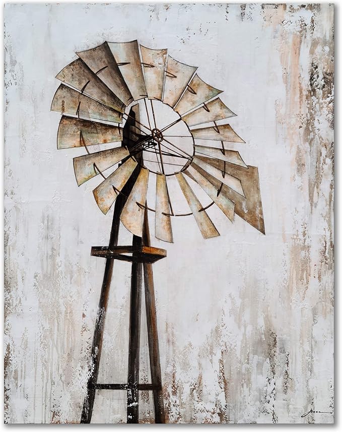 Yihui Arts Rustic Canvas Wall Decor with Textured Modern Vintage Paintings Abstract Windmill Art Contemporary Large Aesthetic Pictures for Farmhouse Living Room Bedroom Dinning Home Decor
