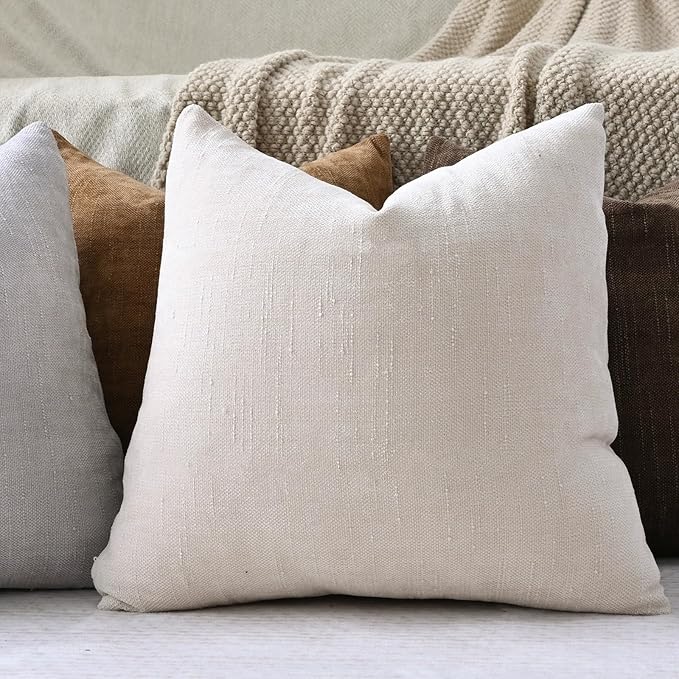 Set of 4 Soft Textured Decorative Throw Pillow Covers 16x16 Inch Cozy Farmhouse Cushion Cover Square Accent Pillow Cases for Bed Couch Sofa Living Room, Light Beige