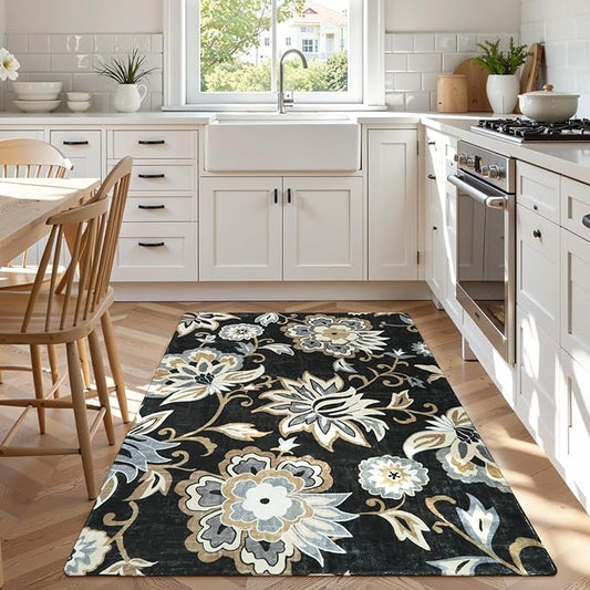 Lahome Floral Washable Living Room Area Rug - 3x5 Non-Slip Low-Pile Rugs for Entryway, Throw Small Stain Resistant Kitchen Rugs Soft Black Paisley Print Carpet for Office Bedroom Laundry Room Office