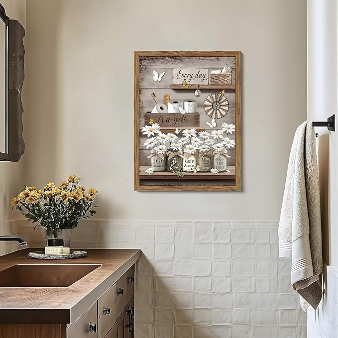 Wood Framed Farmhouse Bathroom Wall Art, Vintage Rustic Daisy Canvas Wall Decor Paintings, Flower Butterfly Inspirational Posters Prints Pictures Artwork for Bathroom Bedroom Living Room 16x24 Inch