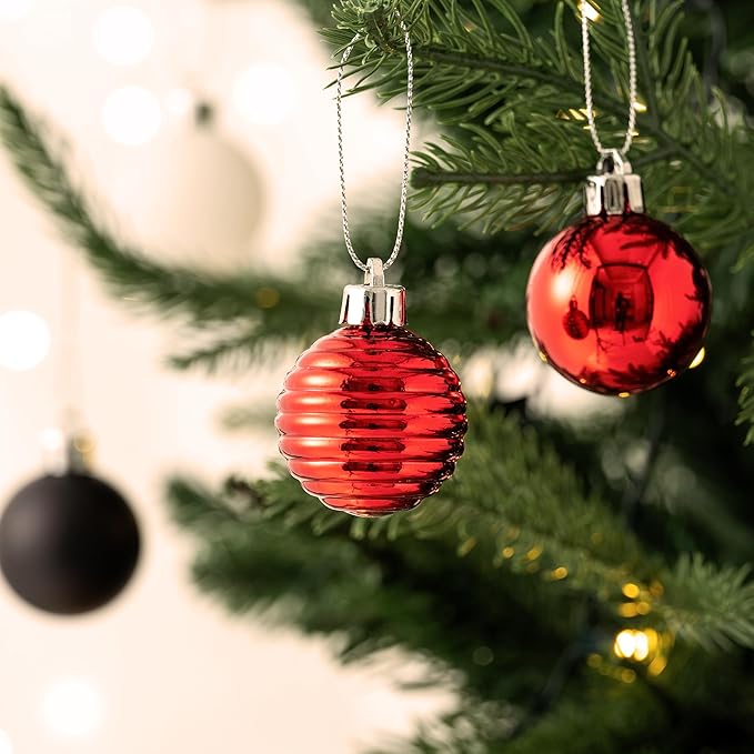 Valery Madelyn 1.57 Inches Small Christmas Tree Decorations Ornament Set for 4th of July Fall Halloween, 24ct Red and Black Shatterproof Hanging Ball Ornaments Holiday Party Decor
