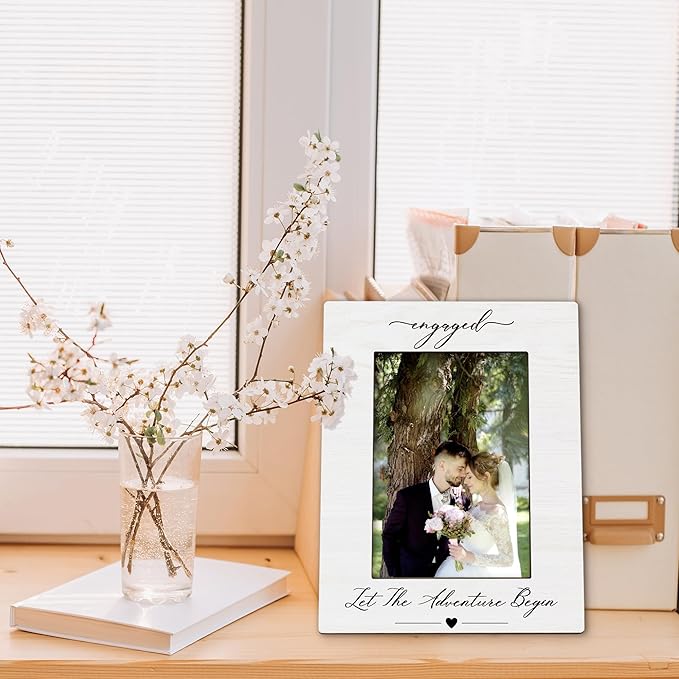 Engagement Picture Frame 5x7, Wedding Photo Frame, Just Engaged Married Gifts for Couples Bride Groom, Engaged Let the Adventure Begin Wooden Picture Photo Frames for Desk Home Room Decor