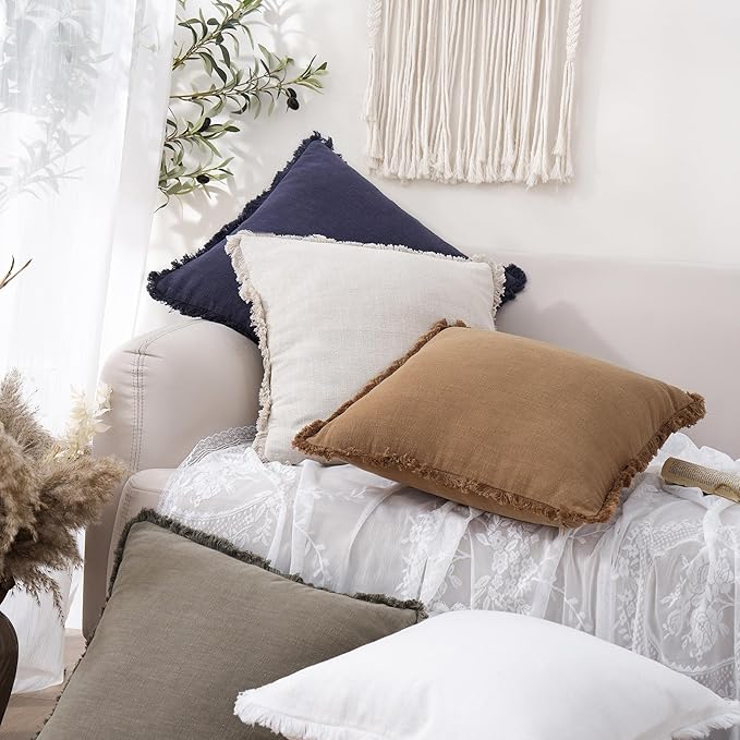 Foindtower Set of 2 Decorative Linen Fringe Throw Pillow Covers Cozy Farmhouse Boho Cushion Cover with Tassels Soft Accent Pillowcase for Couch Sofa Bed Living Room Home Decor 20×20 Inch Khaki Brown