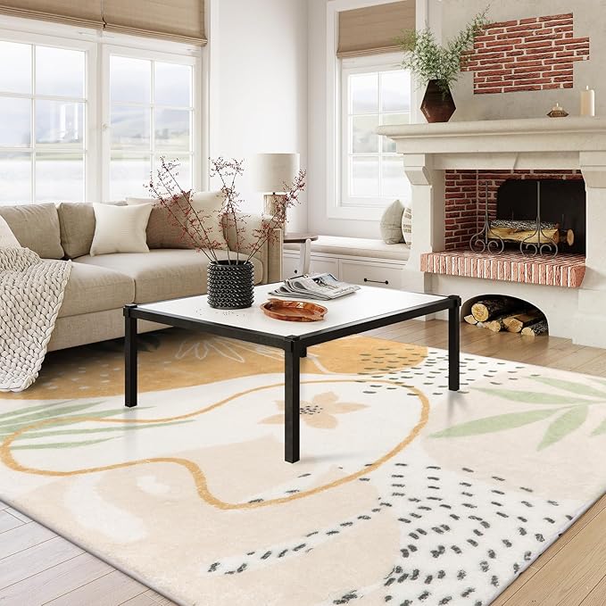 Lahome Boho Area Rugs for Living Room 9x12 - Washable Non-Slip Large Rug for Dining Room, Ultra-Thin Neutral Taupe Botanical Print Soft Carpet for Bedroom Nursery