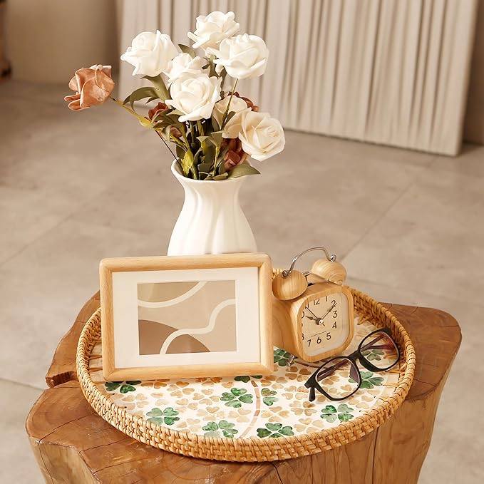 Round Rattan Tray with Mother of Pearl Inlay & Wooden Base - Decorative Wicker Serving Tray for Coffee/Bread/Fruits, Food Storage & Display - Multipurpose Home Decor (L,Four-Leaf Clover)