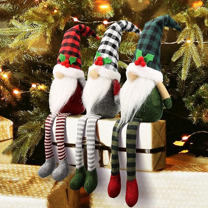 3Pcs Christmas Gnomes Plush - Xmas Gnomes Santa Scandinavian Tomte Ornaments - Buffalo Check Plaid Christmas Doll - Xmas Decorations for Home, Office, Indoor for Women, Gnomes Lovers
