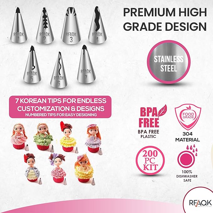 RFAQK 200PCs Cake Decorating Kit for Beginners with Turntable for Decoration - Piping Bags and Tips Set (110+55), Straight & Offset Spatula, Leveler, Video Course, Pattern Chart & More Baking Supplies