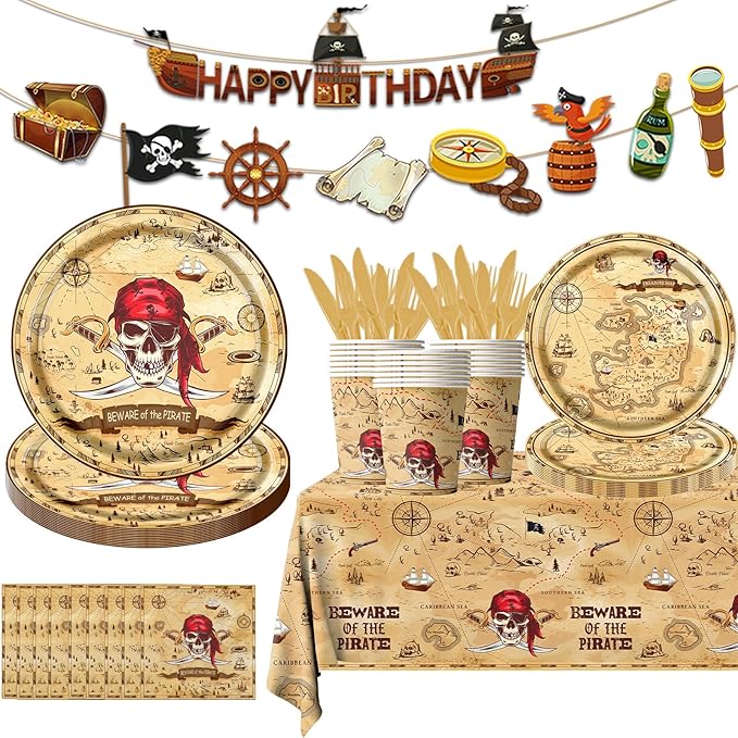 Pirate Party Supplies - 142Pieces Beware of the Pirate Theme Tableware Set Incluedes Pirate Plates,Tablecloth,Napkins Treasure Map Theme Decorations for Baby Shower Party,Adventure Party