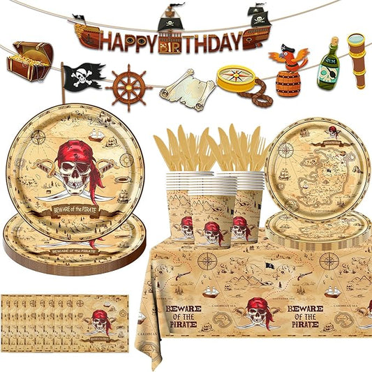 Pirate Party Supplies - 142Pieces Beware of the Pirate Theme Tableware Set Incluedes Pirate Plates,Tablecloth,Napkins Treasure Map Theme Decorations for Baby Shower Party,Adventure Party