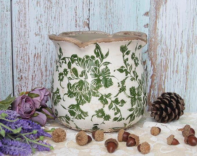 Ceramic Pots for Plants, Vintage Plant Pots with Drainage Hole, 6.11in. Planter for Indoor Plants, Crackle Glaze Finish Flower Pot, Perfect Tuscan Ceramic Planter for Gardening, Green