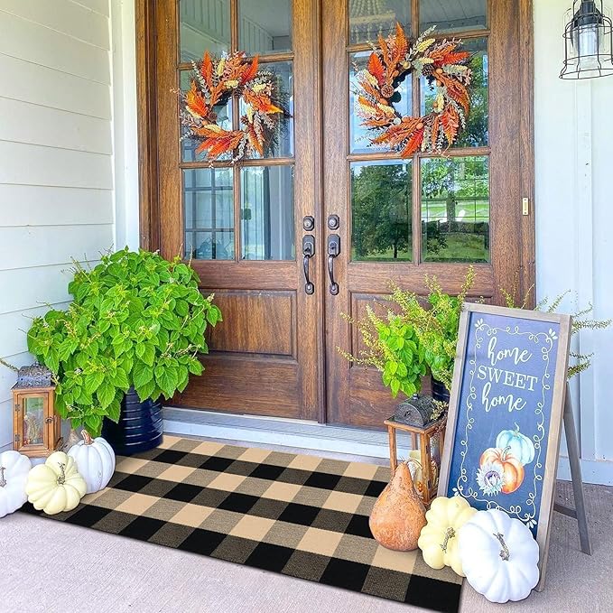 KOZYFLY Buffalo Plaid Area Rugs 2x4.3 Ft Brown and Black Checkered Rug Washable Front Door Mat Hand Woven Cotton Outdoor Rugs Small Rug for Front Porch Kitchen Entryway Patio Bathroom