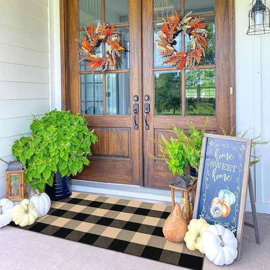 KOZYFLY Buffalo Plaid Area Rugs 2x4.3 Ft Brown and Black Checkered Rug Washable Front Door Mat Hand Woven Cotton Outdoor Rugs Small Rug for Front Porch Kitchen Entryway Patio Bathroom