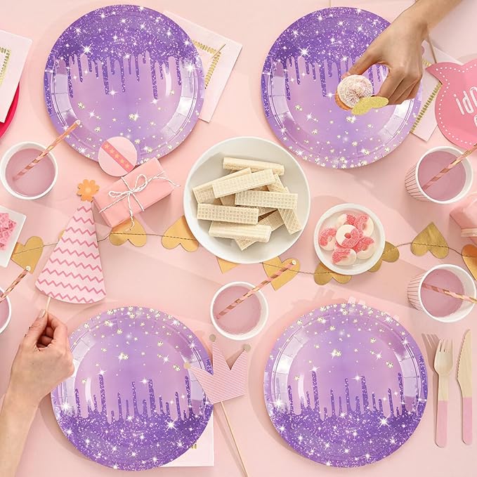 50PCS Purple Glitter Paper Plates 7inch Purple Gold Diamond Birthday Dessert Plate for Cake Salad Pizza Disposable plates Supplies for Girls Women Mermaid Anniversary Birthday Wedding Theme Party
