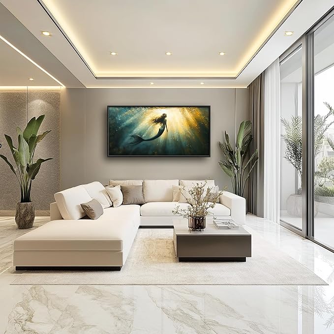 Olivine Mermaid Wall Art, Ocean Pictures Wall Decor, Coastal Painting, Marine Life Canvas Prints, Framed Artwork for Bathroom Bedroom Living Room Office Home Decoration 60"x30"