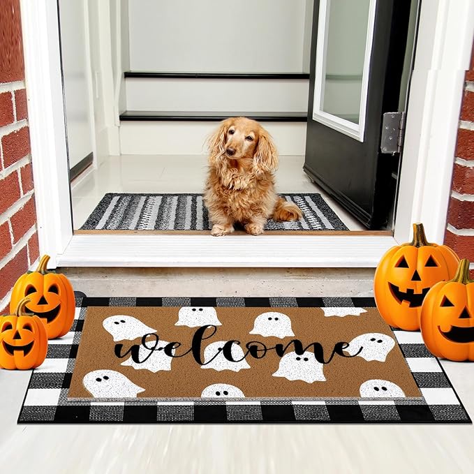 2 Pcs Halloween Door Mat White Ghost Welcome Non Slip Coir Mats Black White Buffalo Plaid Floor Layering Doormats Seasonal for Front Porch Entryway Decor(Plaid Ghost)