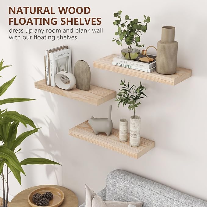 fuqing Natural Wood Floating Shelves - Wood Floating Shelves for Wall Set of 3-17 Inch Wide x 6.7 Inch Deep Natural Wooden Shelves for Living Room Bedroom Home Office