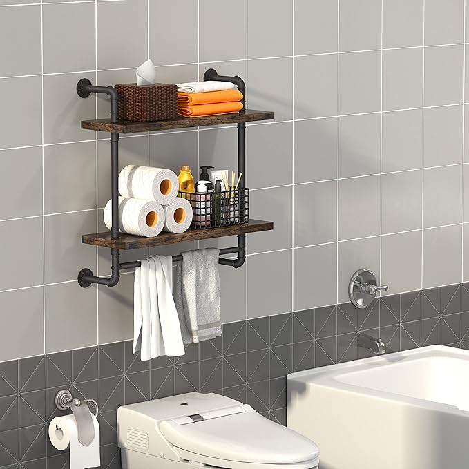 Helsin 24inch Industrial Pipe Shelving Bathroom Shelves Wall Mounted with Towel bar, 2 Tier Rustic Wood Floating Shelf, Metal Towel Rack Wall Shelf for Home & Bathroom (Brown, 24inch)
