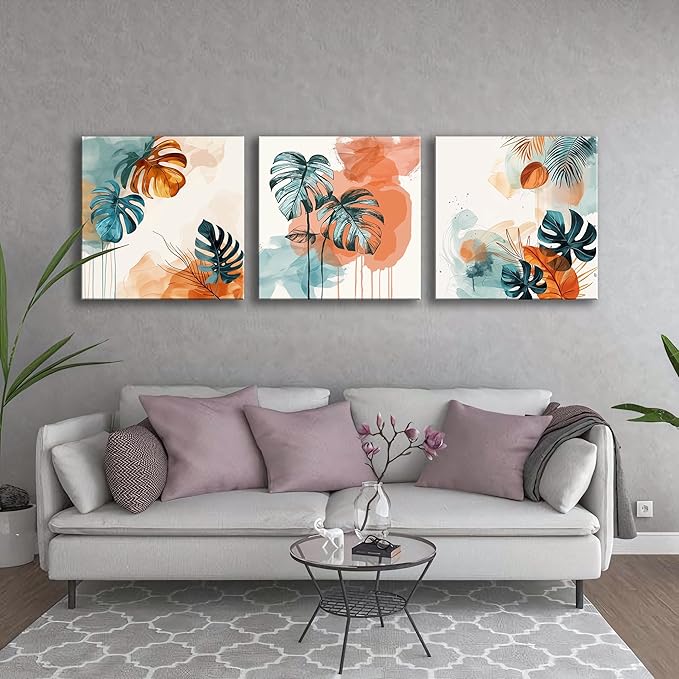 NAN Wind 3Pcs Abstract Tropical Leaves Canvas Art Modern Botanical Wall Decor Teal and Orange Leaf Minimalist Jungle Wall Art Framed Contemporary Nature-Inspired Print for Living Room or Bedroom
