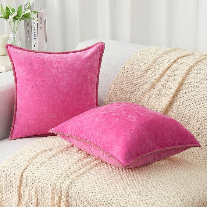 decorUhome Chenille Soft Throw Pillow Covers 20x20 Set of 2, Farmhouse Velvet Neutral Decorative Euro Pillow Covers with Stitched Edge for Couch Sofa Bed Home Decor, Hot Pink
